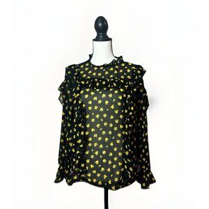 Who What Wear Blouse Women’s Small Black Yellow Tulip Sheer Long Sleeve Ruffle